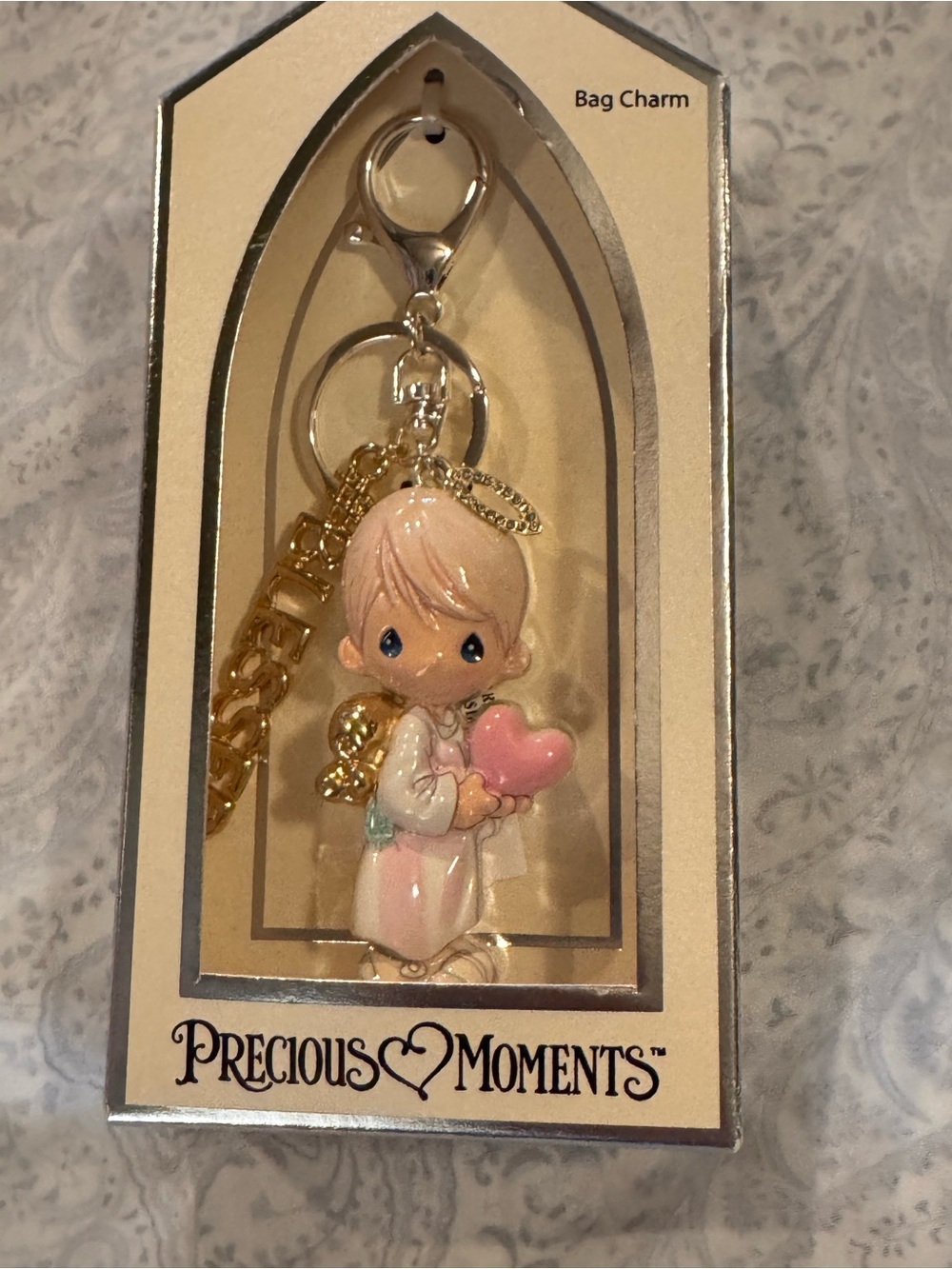 Precious Moments Pastel Pink Heart Angel Blessed Keychain Bag Charm w/ Gold Trim